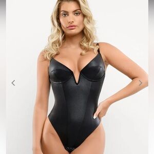 *NWT Popilush Faux Leather Sculpting Plunging V Corset Bodysuit Women’s L